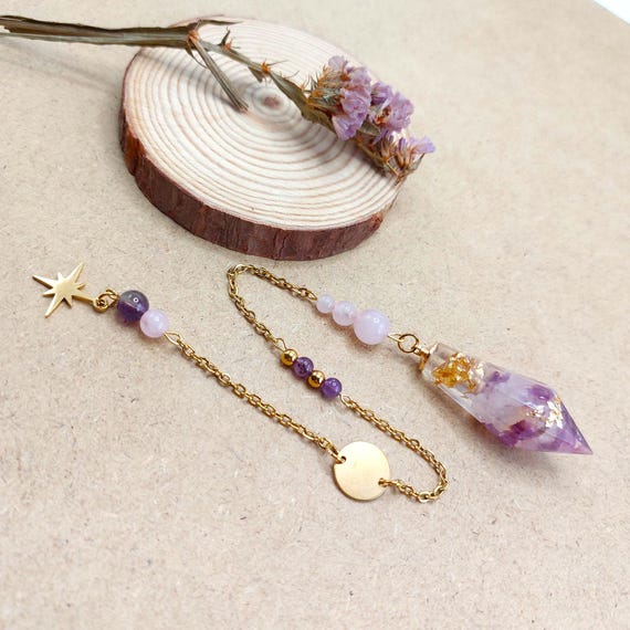 Pendule divinatoire de Nut, Résine, acier inoxydable, Améthyste , quartz rose