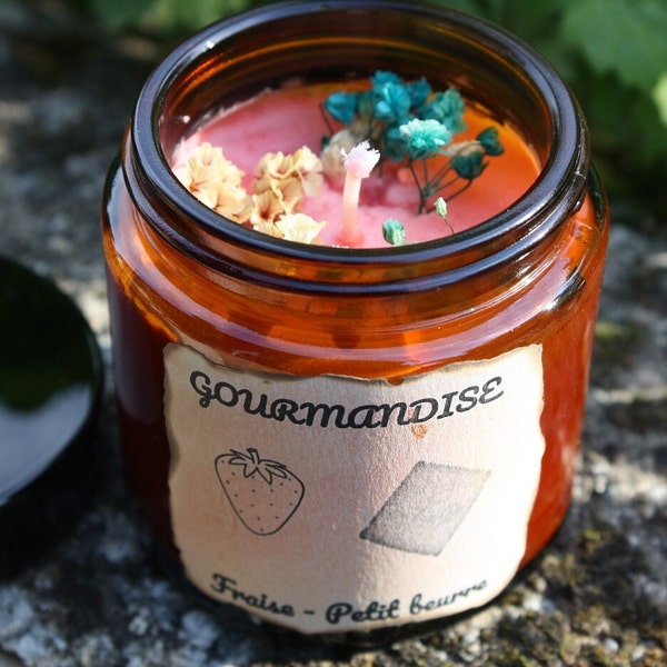 Bougie parfumée "Gourmandise" - Bougie fleurs séchées - Bougie gourmande sucrée - bougie artisanale - bougie fraise petit beurre