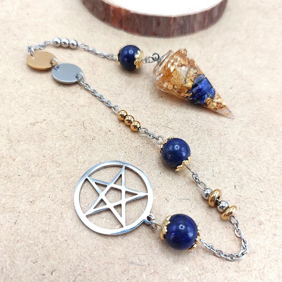 Pendule divinatoire Pentacle Céleste, doré argenté, lapis lazuli
