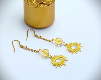 Boucles d'oreilles œil perle citrine - bijou œil  - boucles d'oreilles citrine - bijou œil perle citrine jaune - bijou perle citrine et œil