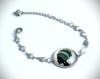 Bracelet Africaine acier inoxydable - bracelet en acier inoxydable réglable - bracelet chaine cœurs - bracelet argenté femme africaine