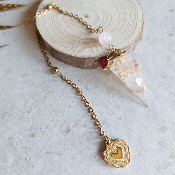 Pendule divinatoire quartz rose et médaillon cœur acier inoxydable