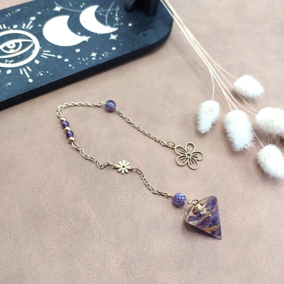 Pendule divinatoire Violae améthyste et résine, pointe conique