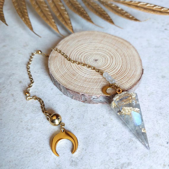 Pendule divinatoire pierre de lune et lunes mystiques- Outil de divination artisanal, radiesthésie, pendule sorcière fait main