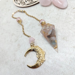 Waarzegpendel "Maan van de Liefde" rozenkwarts maansteen - harspendel, stenen, Wicca, wichelroedelopen, hekserij, handgemaakt