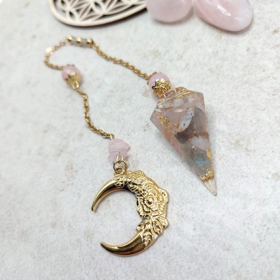 Pendule divinatoire "Lune d'Amour" pierre de lune quartz rose