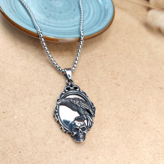 Collier Miroir Gothique, Pendentif Corbeau et Crâne Acier Inoxydable