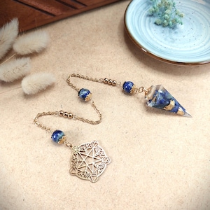 Celestial Pentacle Divination Pendulum, Lapis Lazuli, Golden Leaves - Handmade Resin, Witchcraft, Divination, Protection
