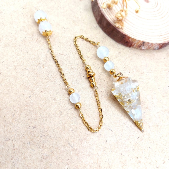 Pendule Divinatoire Elenya, Cristal de roche blanc, résine, acier inoxydable