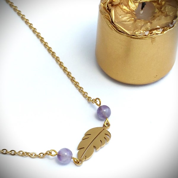 Collier feuille et perles d'améthyste - pendentif feuille - pendentif améthyste - bijou lithothérapie - collier plume