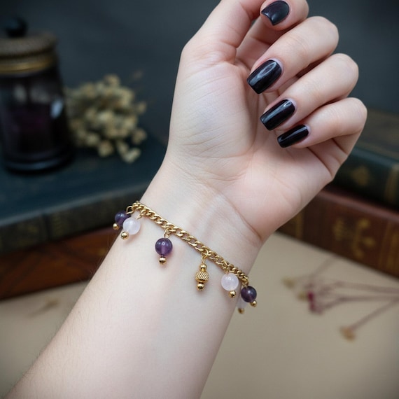 Bracelet à breloques, perles pierres naturelles améthyste et quartz rose, en acier inoxydable