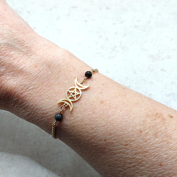 Bracelet Triple Lune Pentacle Obsidienne noire