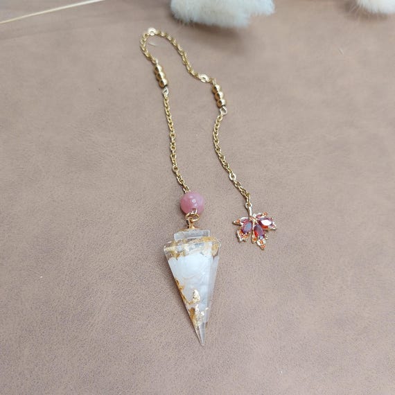 Pendule divinatoire Cœur d'érable, feuille d'érable, quartz rose, opale