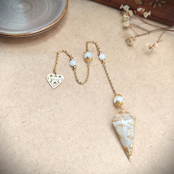 Pendule Divinatoire Clair de Lune, Résine et Pierre de Lune Blanche