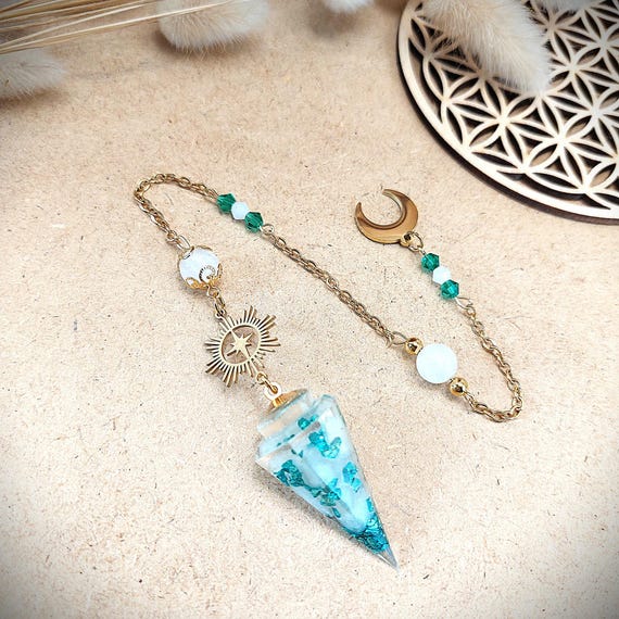 Pendule divinatoire Pierre de lune blanche, Résine, Lune, Soleil, Etoile