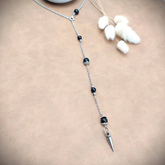 Collier pendule long onyx noir et acier inoxydable