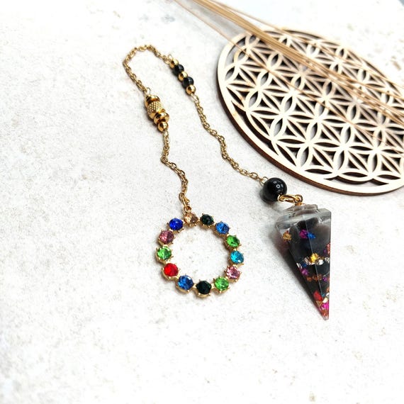 Pendule Divinatoire Obsidienne Dorée et Cristaux Multicolores