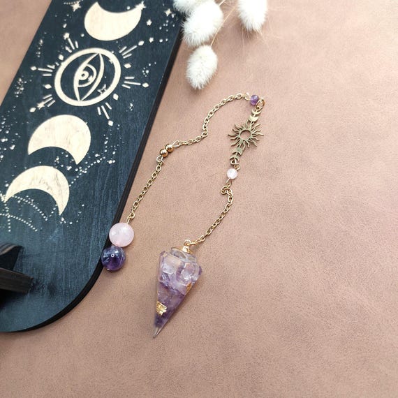 Pendule divinatoire améthyste et quartz rose, Soleil et phases lunaires