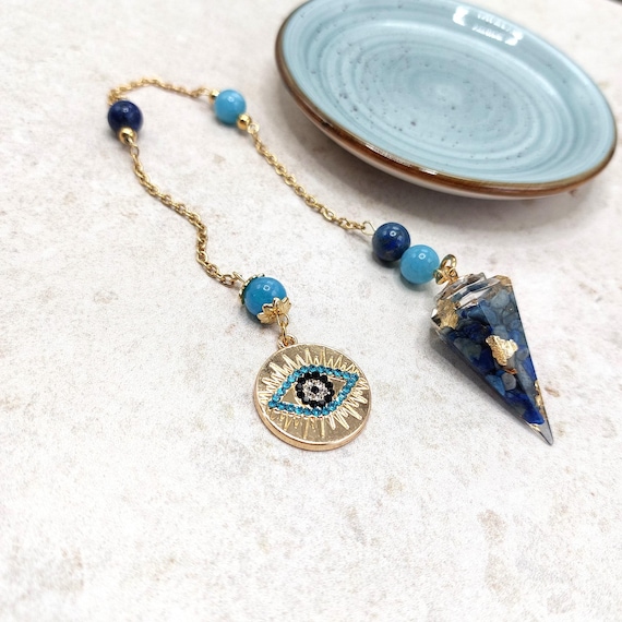 Pendule divinatoire Œil protecteur, Lapis Lazuli, Aigue Marine, fait main
