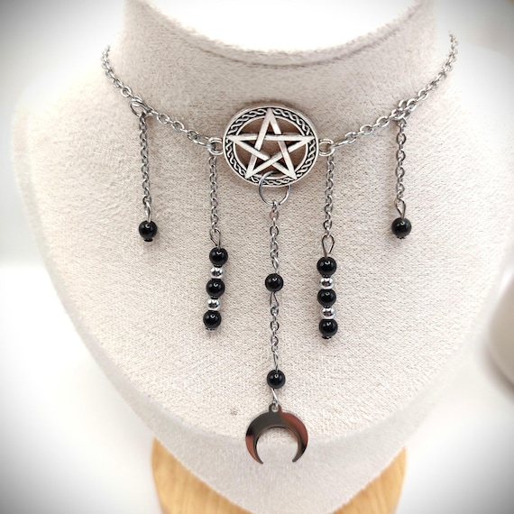 Collier Ras de cou Pentacle, Lune, Obsidienne