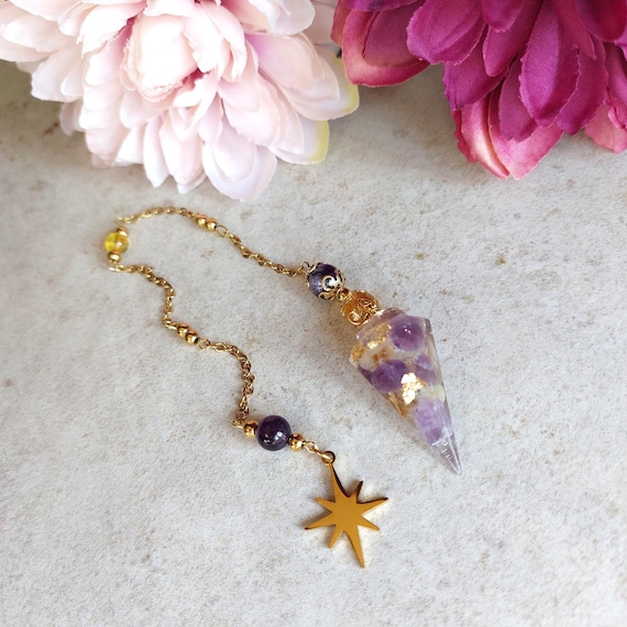 Pendule divinatoire citrine et améthyste étoile des Arcanes