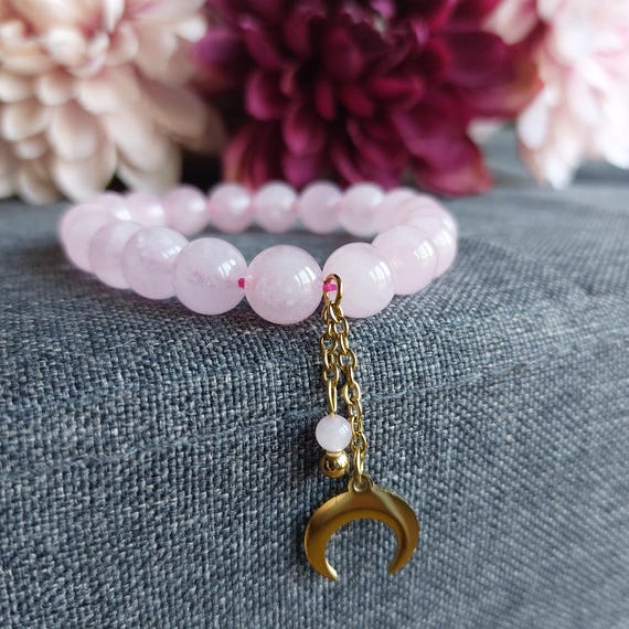 Bracelet quartz rose perles 10mm et croissant de lune doré