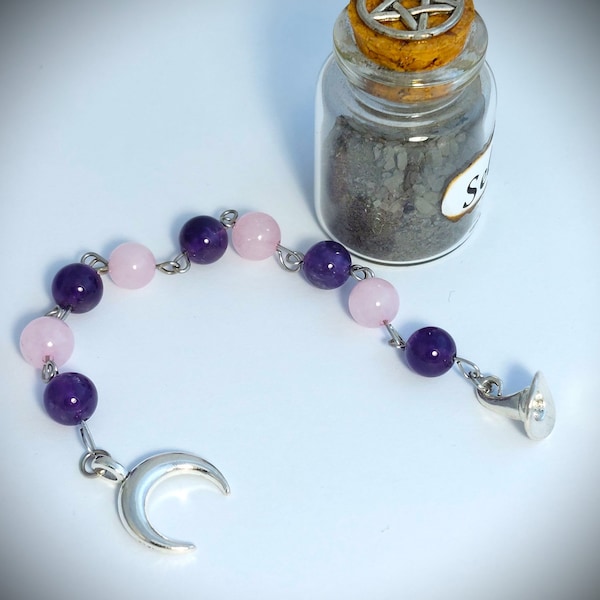 Moon meditation beads amethyst hat and rose quartz - Witch's ladder - Good luck charm - wicca - Pagan prayer beads