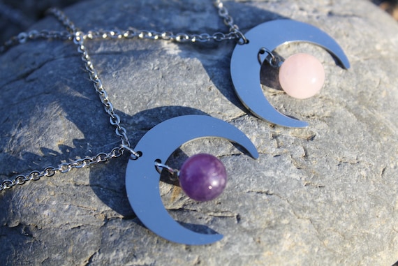 Moon necklace and round stone pendant
