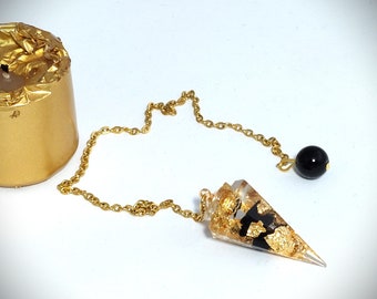 Obsidian divinatory pendulum, onyx, golden leaves - resin pendulum - dowsing - witchcraft - magnetism - natural stone pendulum