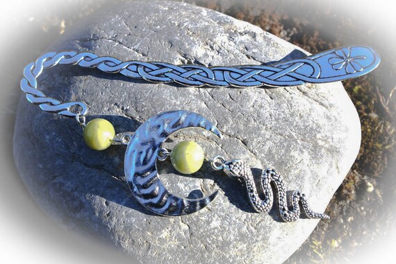 Snake and moon bookmark, jade beads