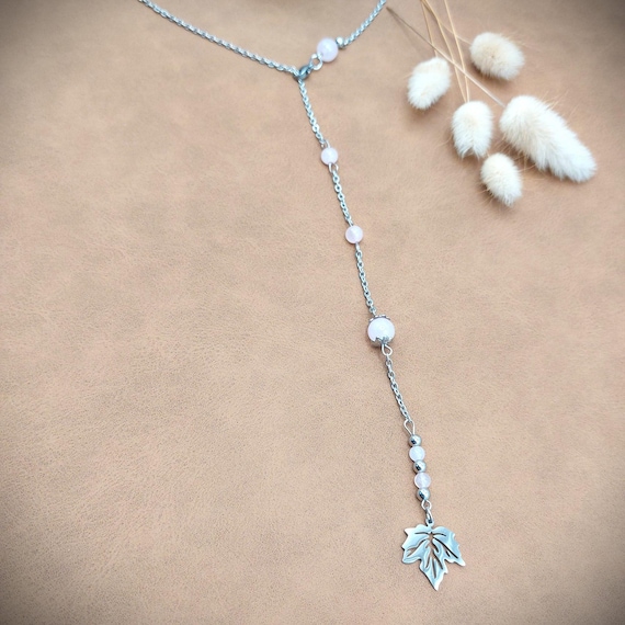 Collier long quartz rose et acier inoxydable, feuille