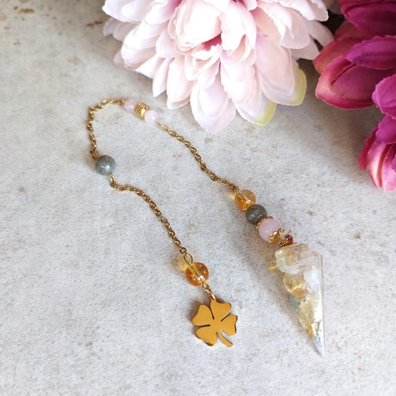 Pendule divinatoire Labradorite, Citrine, Quartz Rose et Trèfle