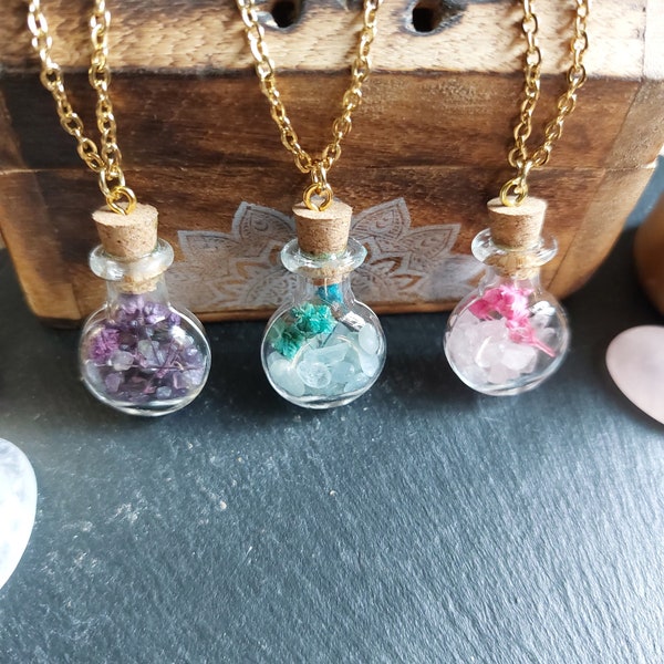 Collier fiole magique - pendentif fiole - fiole pierres naturelles - fiole fleurs séchées - fiole d' amour - quartz rose - potion d'amour