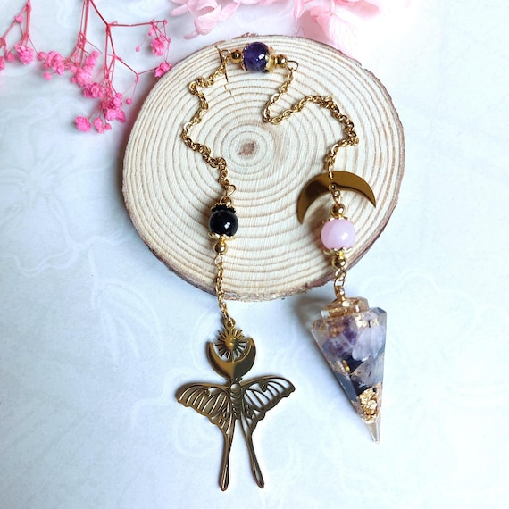 Pendule divinatoire papillon lune Quartz Rose, Améthyste, Onyx