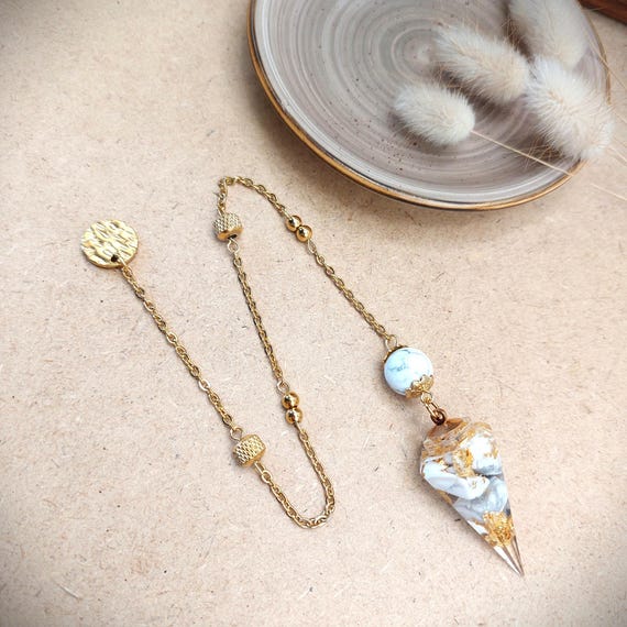 Pendule de Radiesthésie Sérénité, pierre d'Howlite blanche, résine