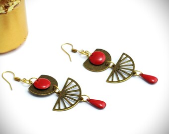 Raw brass half circle earrings - red enameled sequin round raw brass drop - raw brass jewelry - brass earrings