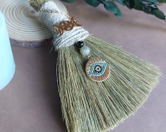 Witch Broom Protection Pentacle and Triple Moon - Labradorite and Black Onyx - Witchy Decor - Spiritual Talisman - Altar Decor