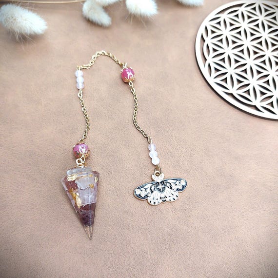 Pendule divinatoire Ailes d’Aphrodite, Quartz rose et quartz fraise, acier inoxydable doré