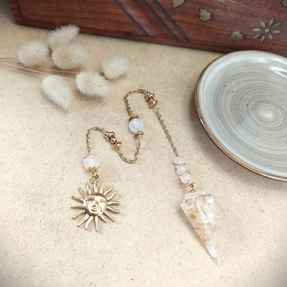 Pendule divinatoire Soleil, Quartz rose, Citrine, feuilles dorées
