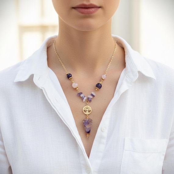 Collier Arbre de Vie Améthyste et Quartz Rose