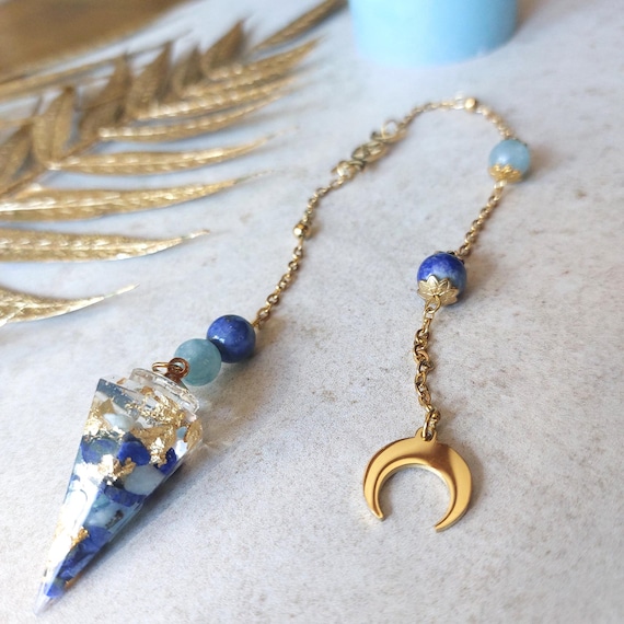 Pendule divinatoire triple lune, lapis lazuli, aigue marine