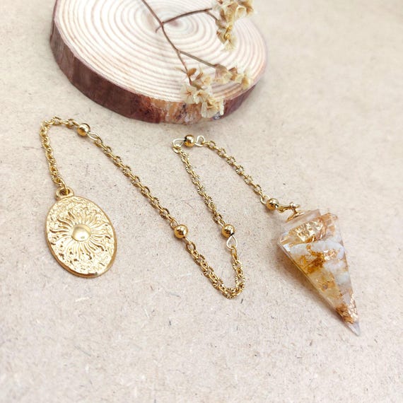 Pendule divinatoire "SOLARIUS", Soleil, Résine, Citrine et Feuilles dorées