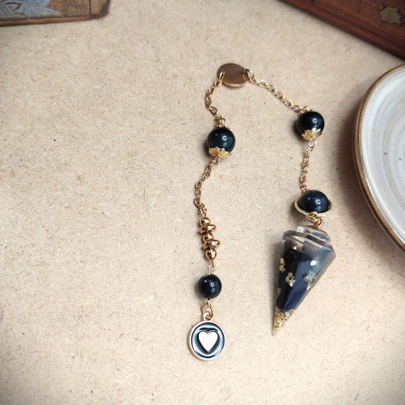 Pendule divinatoire Gardien du Cœur, résine, obsidienne, acier inoxydable