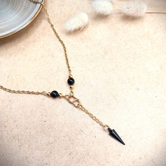 Collier pendule acier inoxydable doré, Onyx noir