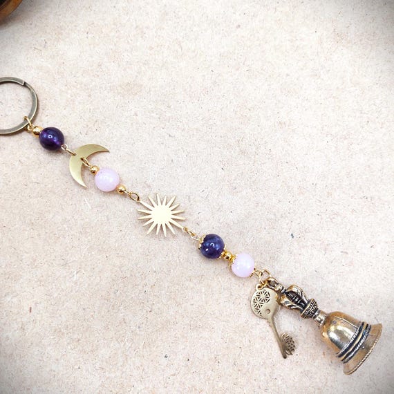 Cloche de Sorcière Lune, Soleil, Clé Magique, Quartz Rose, Améthyste