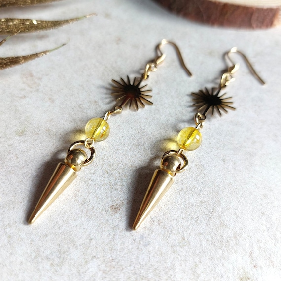 Boucles d'oreilles pendule citrine et soleil, acier inoxydable doré