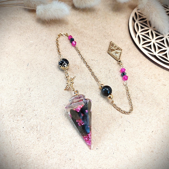 Pendule divinatoire Obsidienne, Résine, Etoile et Symboles célestes (soleil, lune)