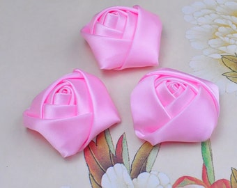 15pcs Wholesale Satin Rose Flower,Pink Large Satin Rolled Rosettes Embellishments,Hairbow Supplies,Hair Accessories 45x20mm