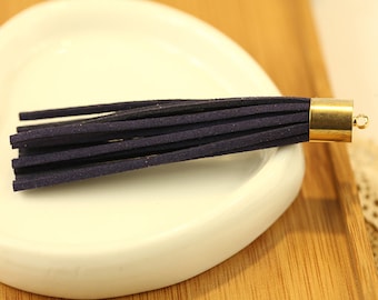 Navy Blue Leather Tassel,Tassel Keychain,30pcs Long Leather Tassel Fiber Tassel Fringe Tassel With Metal Gold Caps Charms 80x10mm,