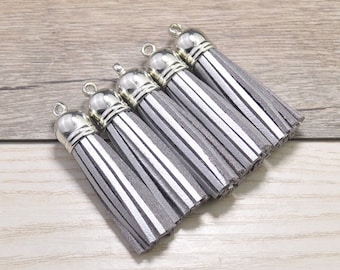 20pcs Medium Tassels Craft 2'',Silver Suede Leather Tassels 52mm,Fringe Tassels Fiber Tassels,Silver Plastic Cap,Keychain Tassels Jewelry
